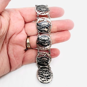 Siam Niello Sterling Silver Pierced Open Work Link Bracelet 16gm Vintage Jewelry