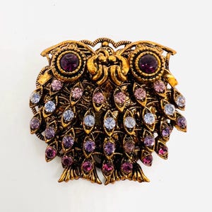 West Germany Lavender & Purple Rhinestone Owl Brooch Signed Vintage Jewelry