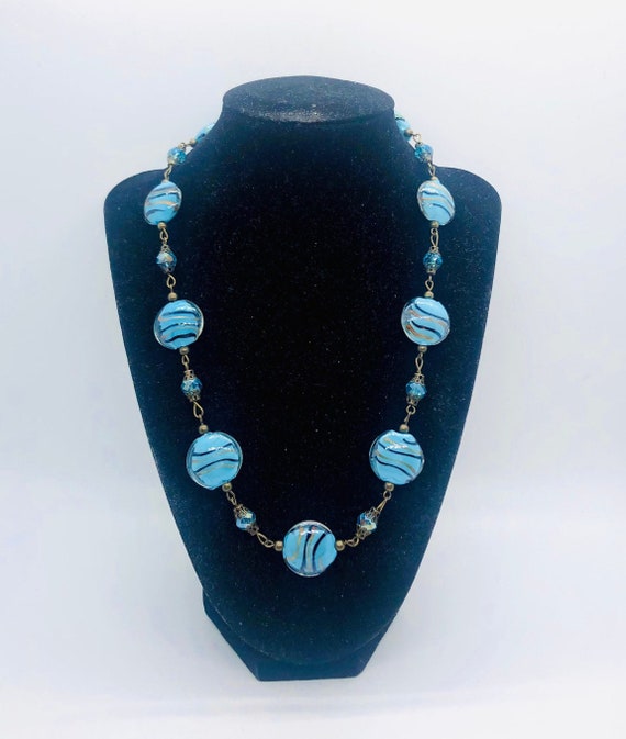 Murano Venetian Blue Aventurine Glass Beaded Neck… - image 2