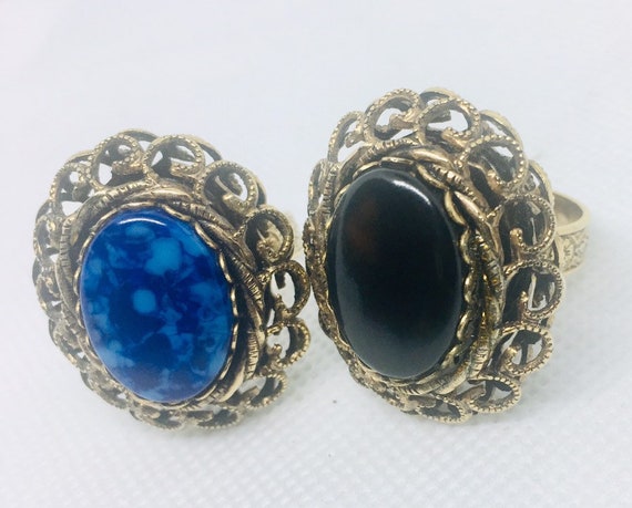 Lot 2 Costume RINGS  Large Faux Lapis & Onyx Fili… - image 3