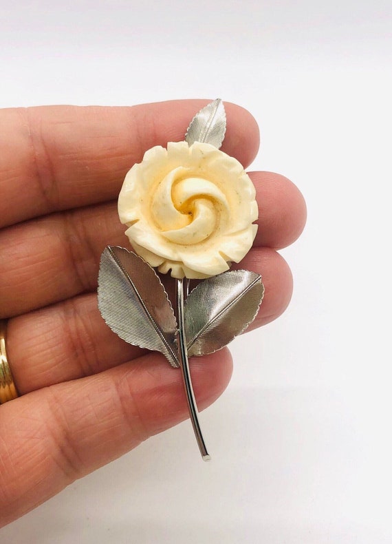 BEAU STERLING Carved Celluloid Rose Brooch Sterli… - image 1