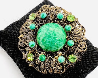 Czech Ornate Peking Glass Filigree Brooch Jade Glass Signed Vintage Antique Jewelry