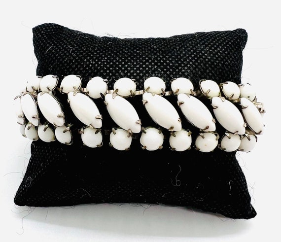 Wide WEISS Milk Glass Rhinestone Bracelet Signed … - image 5