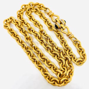 Long Chunky 80’s Matte Gold Tone & Black Glass Cabochon Necklace Vintage Designer Jewelry