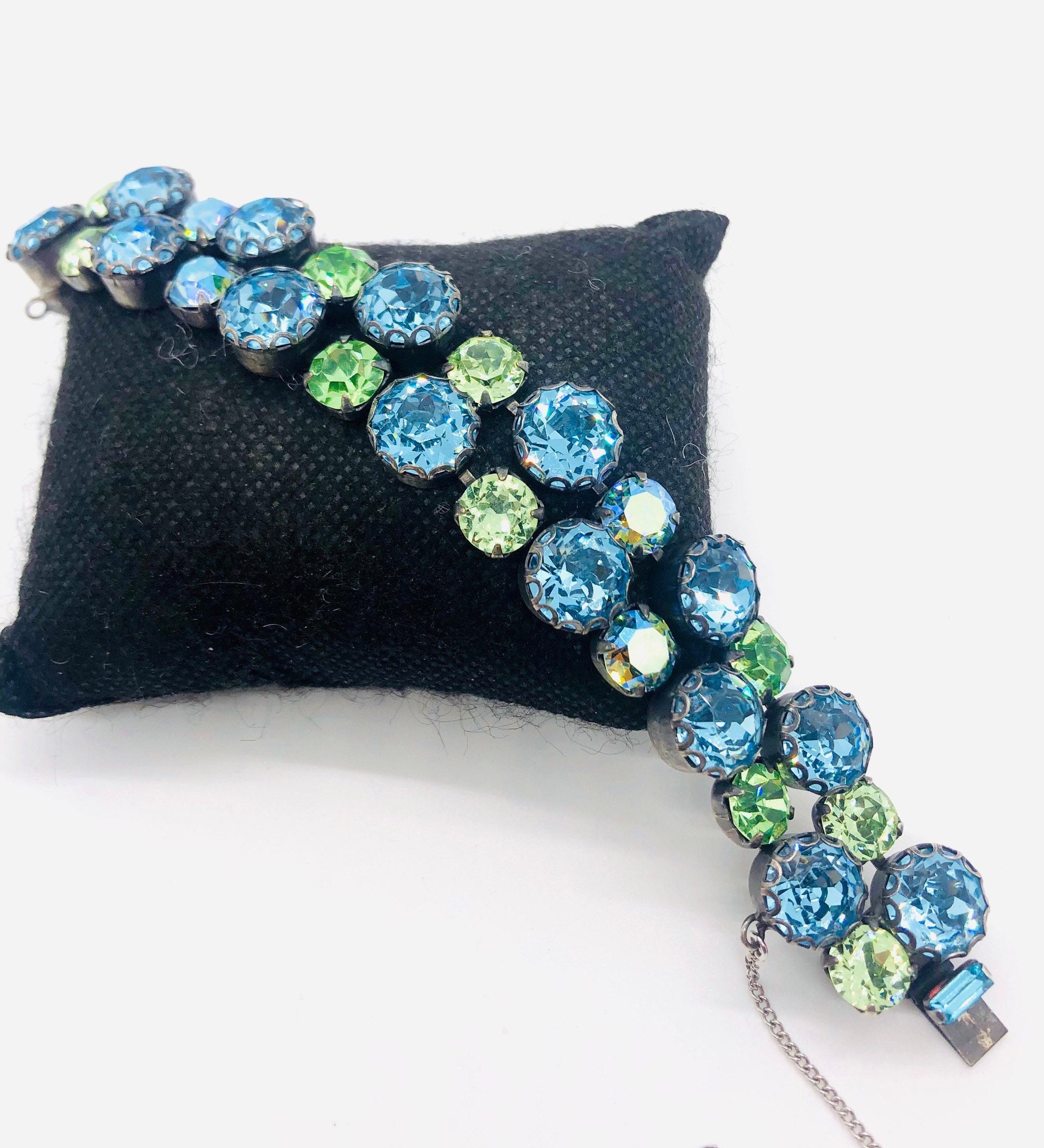 Wide REGENCY Blue & Green Headlight Rhinestone Bracelet Signed Vintage  Designer Jewelry 