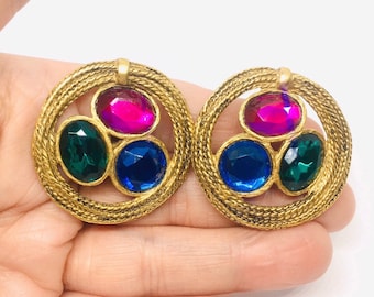 Beautiful Large Rhinestone Earrings Ornate Clip Back 80’s Bling Vintage Jewelry
