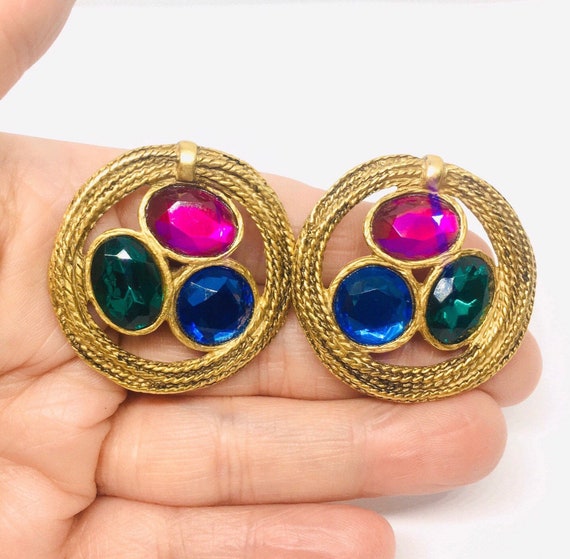Boucles D'oreilles Clips Vintage Françaises Années 80 - Résine Et Verre Doré
