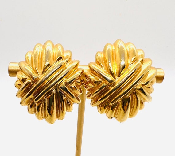 Large PAOLO GUCCI Gold Tone Earrings Criss Cross … - image 2