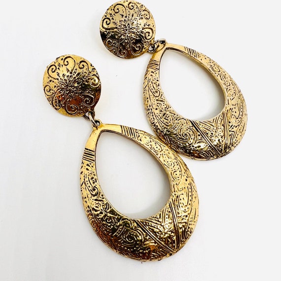Long Embossed Gold Tone Drop Dangle Earrings 3 In… - image 3
