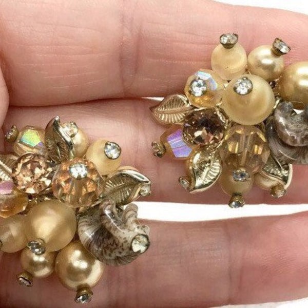 Vendome Cluster Beaded Earrings Rhinestones Hand Wired Beads Vintage Jewelry