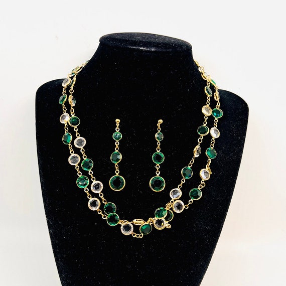 MONET Green Bezel Set Crystal Necklace Earrings D… - image 2