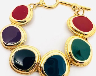 Multicolored Enamel Modernist 80’s Link Bracelet Toggle Clasp Vintage Designer Jewelry