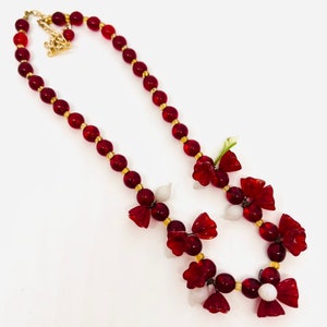 Ruby Red Bellflower & Fruits Glass Beaded Murano Italy Necklace Vintage Jewelry