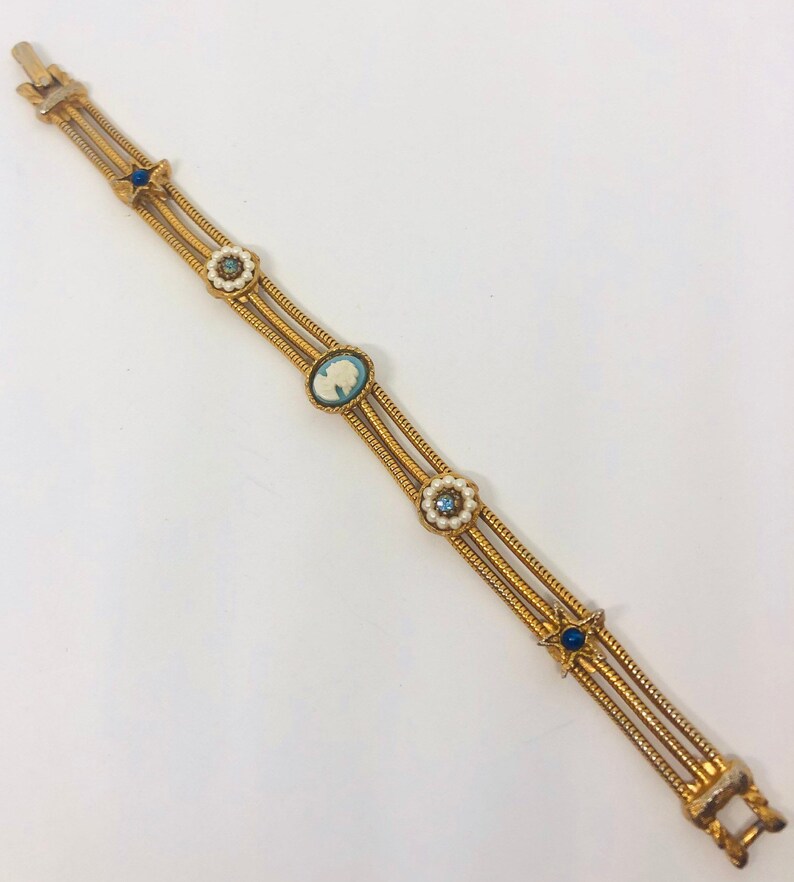 Signed LJM 3 Row Cameo Bracelet Faux Pearls Rhinestones Vintage Designer Jewelry