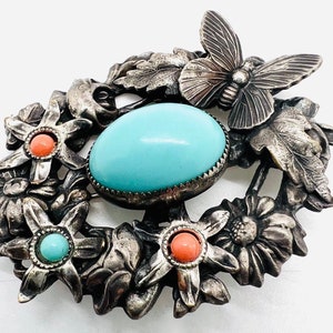 Faux Turquoise & Coral Glass Floral Wreath Butterfly Brooch Vintage Designer Jewelry