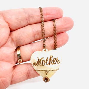 Gold Filled Carved MOP “Mother” Rhinestone Necklace Signed Vintage Jewelry