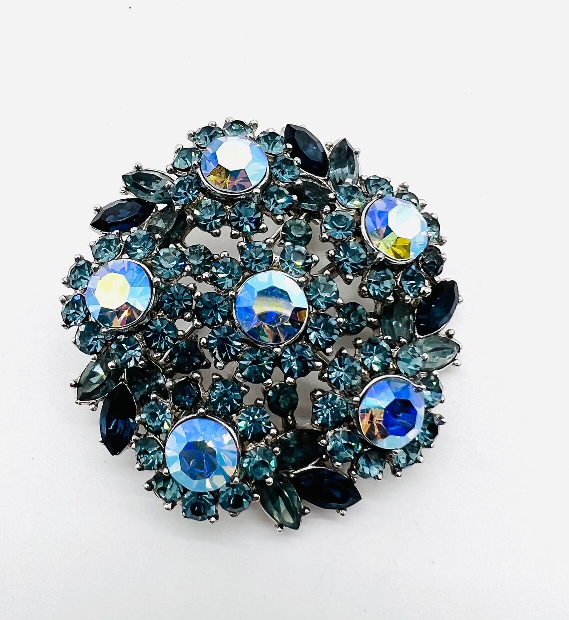 TRIFARI Layered Shades of Blue & AB Rhinestone Brooch Signed Vintage ...