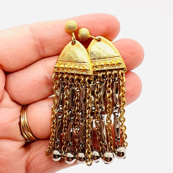 Long CELEBRITY N.Y. Multi Chain Drop Dangle Earrings Signed Vintage Designer Jewelry