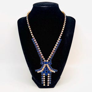 Large Royal Blue & AB Rhinestone Necklace 20 Inches Long Vintage Designer Jewelry