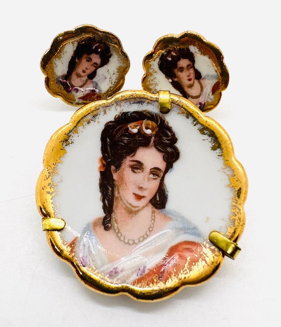 Limoges France Hand Painted Brooch & Earrings Dem… - image 4