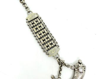 Unusual Silver Tone Tank Track Enameled Powder Horn Watch Chain & Fob Vintage Antique Jewelry