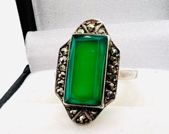 Art Deco Sterling Silver Chrysoprase Marcasite Ring Sz5 Vintage Antique Jewelry