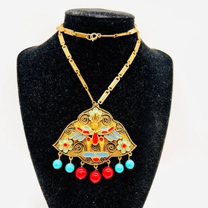 Large FLORENZA Aztec Mayan Incan Enameled Necklace Beads Signed Vintage  Designer Jewelry