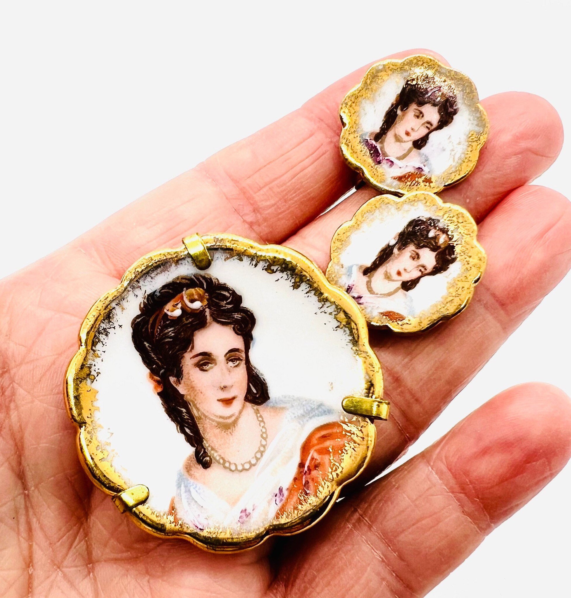Ensemble De Bijoux Vintage Limoges France - Broche + Boucles D'oreilles - Occasion