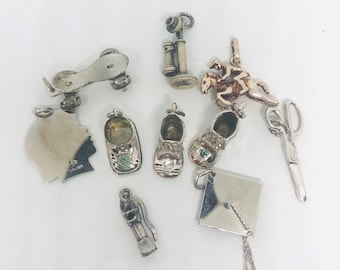 Vintage Sterling Silver Charm Lot: Horse Rider, Telephone, Roller Skate, Booties (29gms)