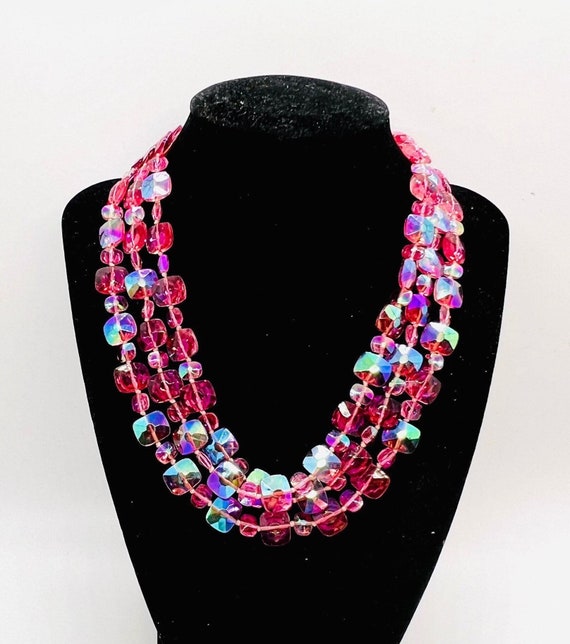 Triple Strand Beveled AB Pink Glass Beaded Bib Ne… - image 1