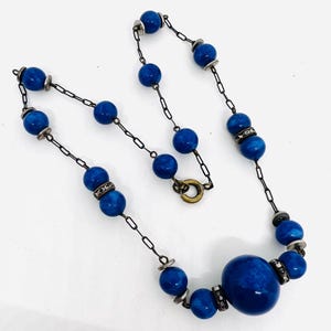 Art Deco Blue Lapis Glass & Rhinestone Rondelle Beaded Necklace Vintage Antique Jewelry