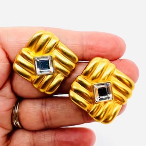Large Matte Gold Tone Clear Rhinestone 80’s Earrings Vintage Designer Jewelry