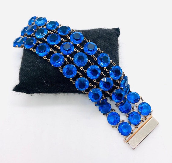 Art Deco Wide Royal Blue Rhinestone Glass Bracele… - image 1