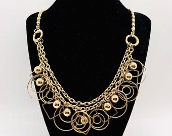 Gold Tone Dangling Rings Squares & Ball Bead Bib Necklace Vintage Jewelry