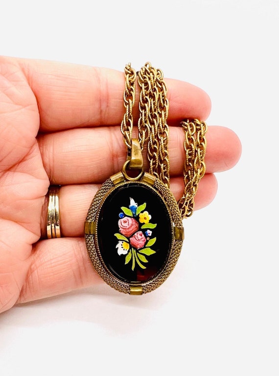 Art Deco Pietra Dura Black Inlaid Glass Necklace M