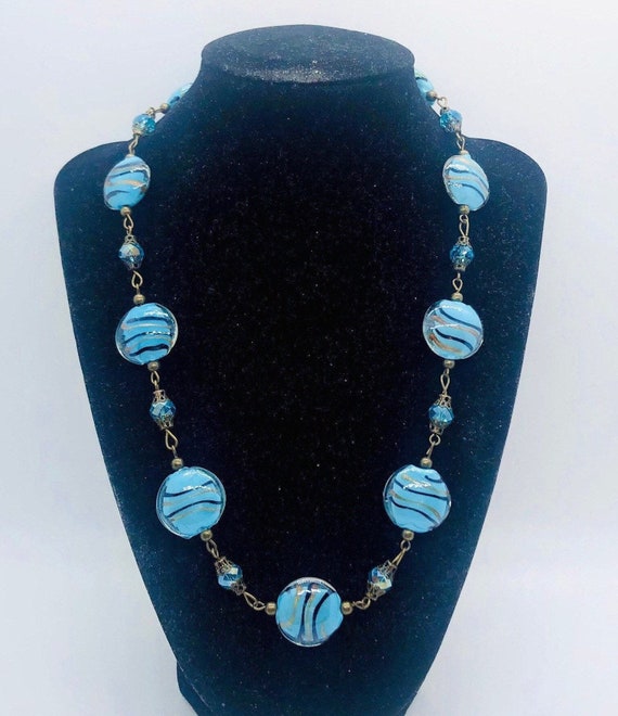 Murano Venetian Blue Aventurine Glass Beaded Neck… - image 5