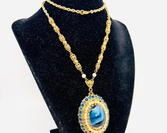 WEST GERMANY Blue Slag Glass Faux Pearl & Rhinestone Necklace 