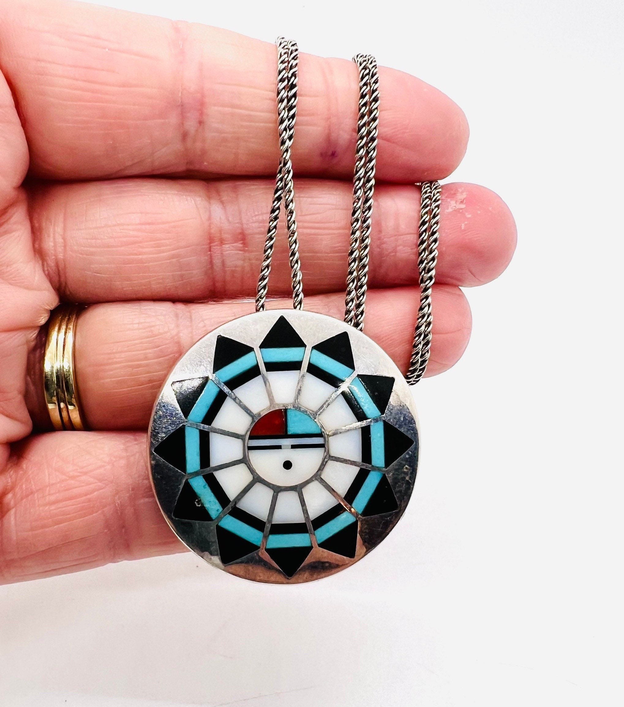 Sterling Silver M.KALLESTEWA Inlaid Sunface Zuni Necklace Sterling Silver M.KALLESTEWA Inlaid Sunface Zuni Necklace