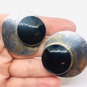 Huge Taxco Mexico Sterling Silver Onyx Earring 1 1/2 inches 39gms TA-35 Vintage Jewelry