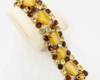 Wide Yellow Moonstone Glass & Jonquil Rhinestone Bracelet Vintage Designer Jewelry