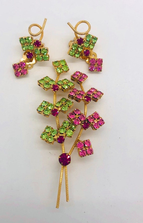 Beautiful Large Pink & Green Rhinestone Brooch an… - image 2