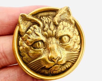 Detailed Warm Matte Finish Gold Plated CAT Brooch Vintage Designer Jewelry