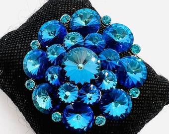 WEISS Blue Watermelon Rivoli Rhinestone Brooch Signed Vintage Designer Jewelry