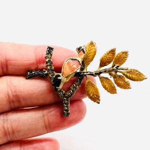 HOBE’ Red Rhinestone Enamel Bird on Twig Brooch Signed Vintage Designer Jewelry