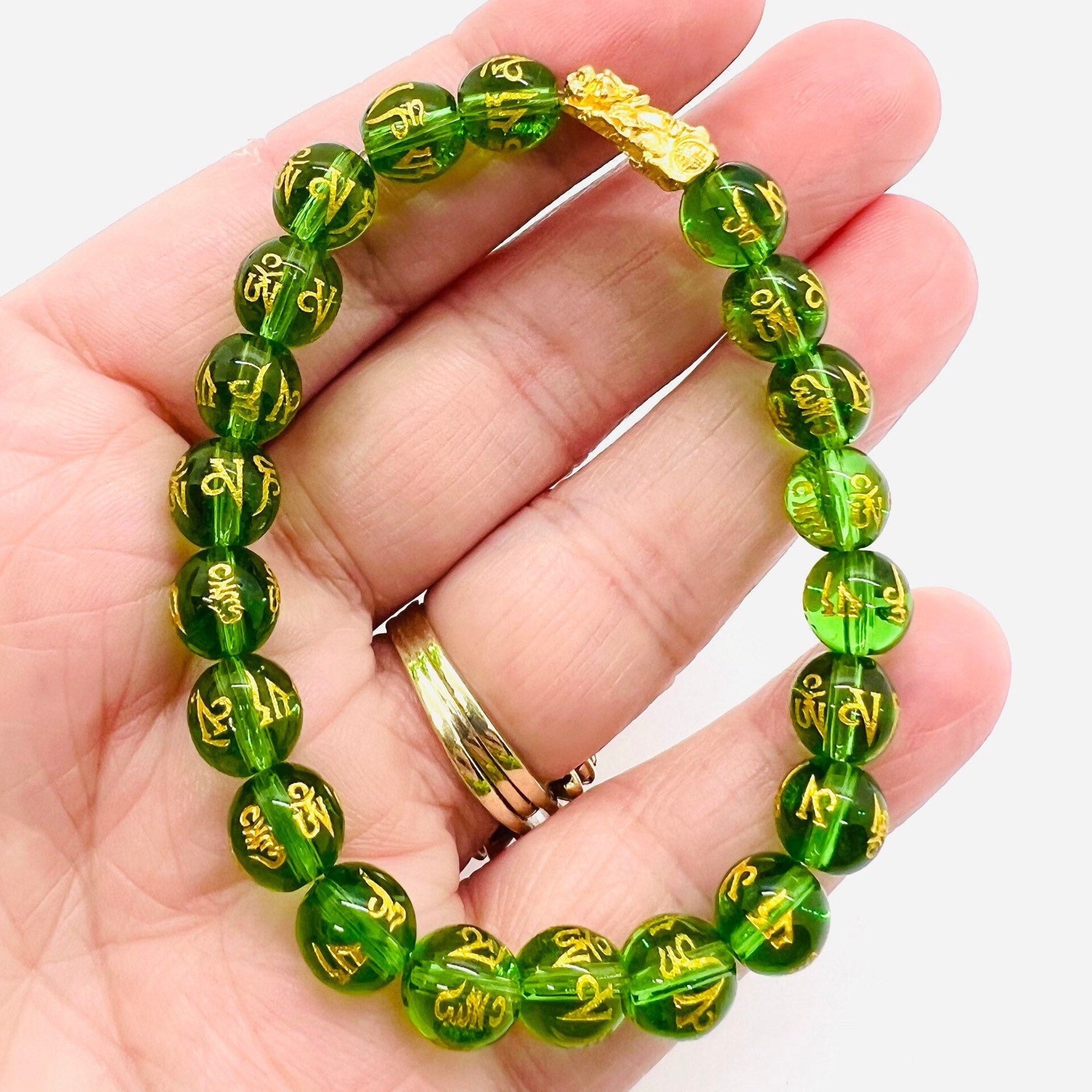 24k Gold Foo Dog Bracelet: Green Glass Beaded Vintage Chinese