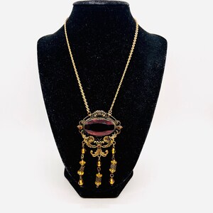 Art Deco Faceted Topaz  Glass Filigree Necklace Dangles Czech Antique Vintage Jewelry