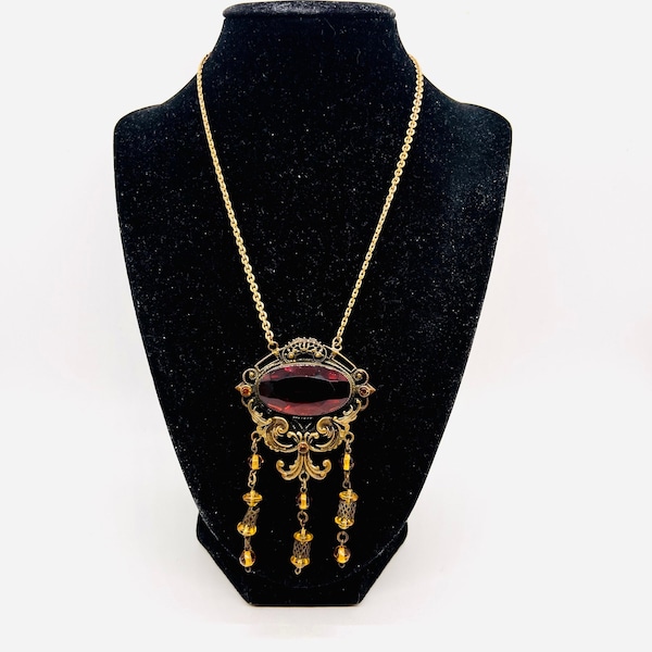 Art Deco Faceted Topaz  Glass Filigree Necklace Dangles Czech Antique Vintage Jewelry