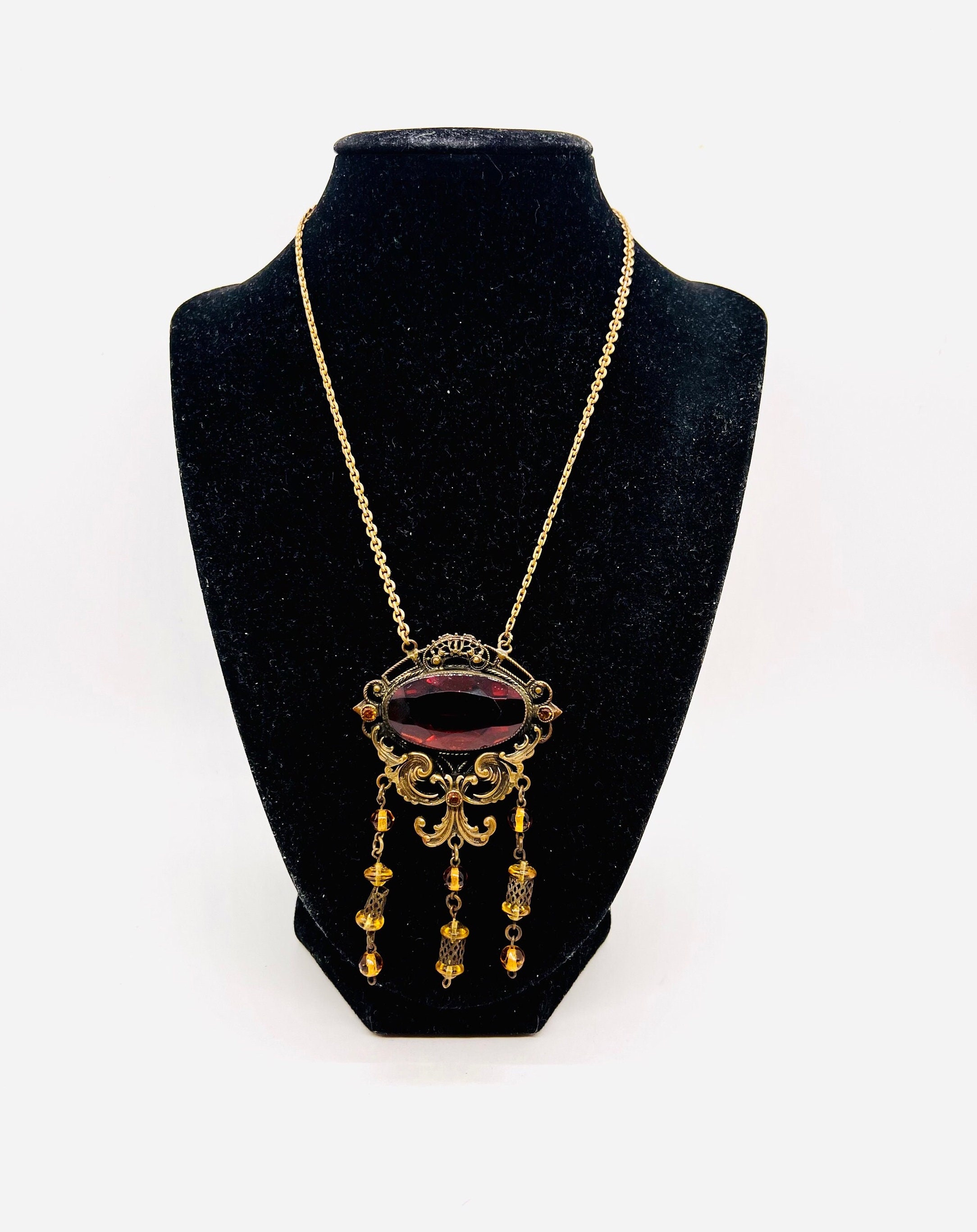 Art Deco Faceted Topaz  Glass Filigree Necklace Dangles Czech Antique Vintage Jewelry