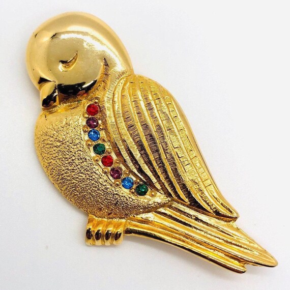 Large Rhinestones Bird Brooch Textured Gold Plated Metal Vintage Jewelry