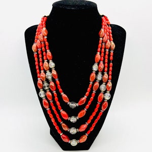 HOBE’ Red Gold Glitter & Crackle Beaded Glass Necklace Signed Vintage Designer Jewelry